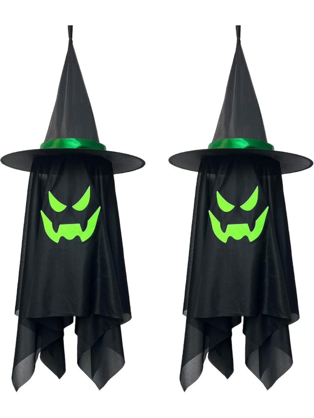 🎃Spooky Green 2 Pack Halloween Hanging Floating Witch Hats Decor w/ Ghost Veil